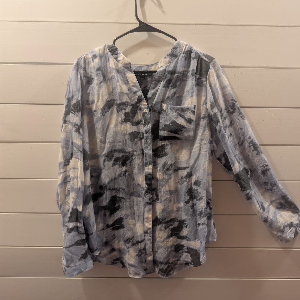 Light Blue & White Watercolor Button Front Blouse